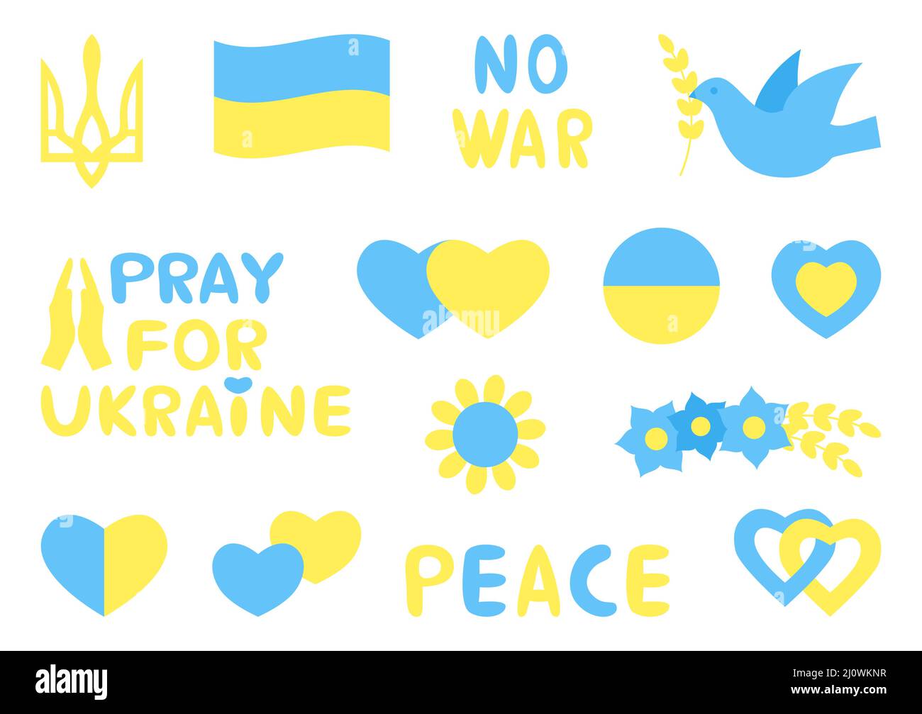 Betet für die Ukraine. Ukrainisches Herz Liebe Kranz und Sonnenblume Symbol Set. Patriotische Nationalflagge und Emblem blau und gelb. Unterstützung für das Land während der Besatzung. Krieg beenden. Taube des Friedens. Vektor Stock Vektor