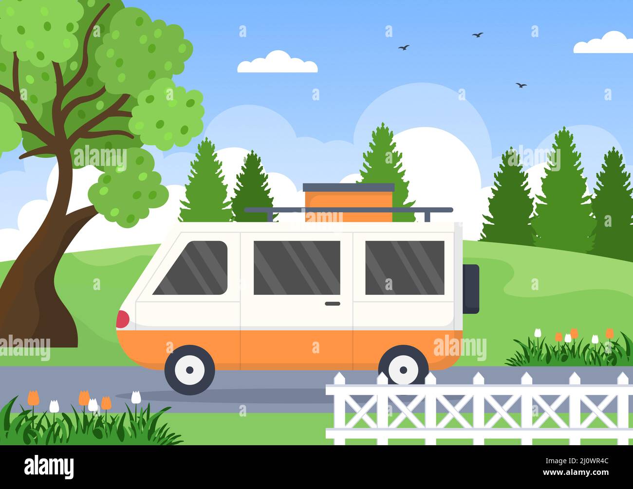 Camping Car Hintergrund Illustration mit Zelt, Wohnmobil und Ausrüstung für Menschen auf Abenteuertouren oder Urlaub im Wald oder in den Bergen Stock Vektor