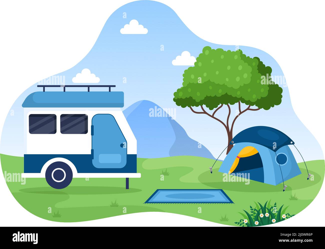 Camping Car Hintergrund Illustration mit Zelt, Wohnmobil und Ausrüstung für Menschen auf Abenteuertouren oder Urlaub im Wald oder in den Bergen Stock Vektor