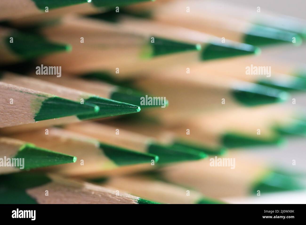 Eine Anordnung von gestochen scharfen grünen Farbstiften mit geringer Schärfentiefe. Stockfoto