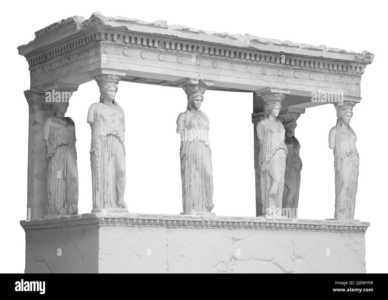 Die Caryatid Veranda des Erechtheion Tempels in Athen isoliert auf weißem Hintergrund mit Clipping Pfad Stockfoto