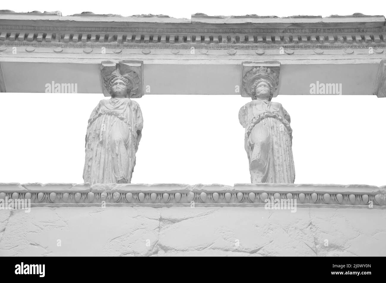 Die Caryatid Veranda des Erechtheion Tempels in Athen isoliert auf weißem Hintergrund mit Clipping Pfad Stockfoto