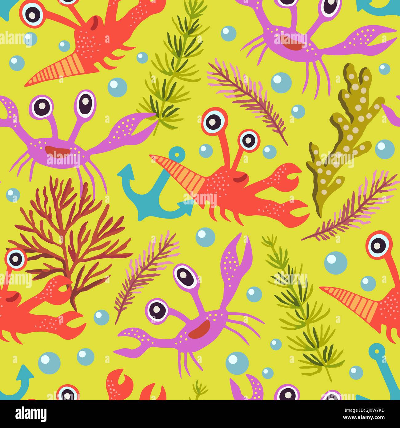 Niedliches nahtloses Muster mit Krabben.Cartoon-Doodle-Druck mit glücklichen Meerestieren für Kinder und Kinderzimmer Textil und Dekor. Stock Vektor