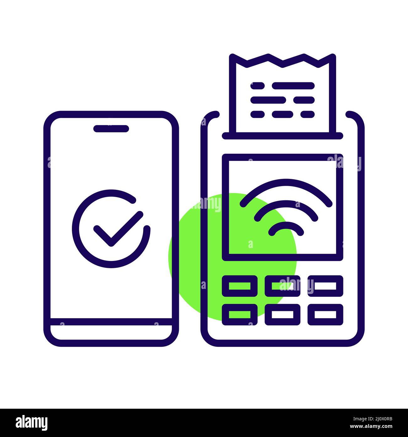 Kontaktlose NFC-Zahlung mit Smartphone-Zulassung und Quittung aus dem Terminal. Pixel Perfect, bearbeitbares Kontursymbol Stock Vektor