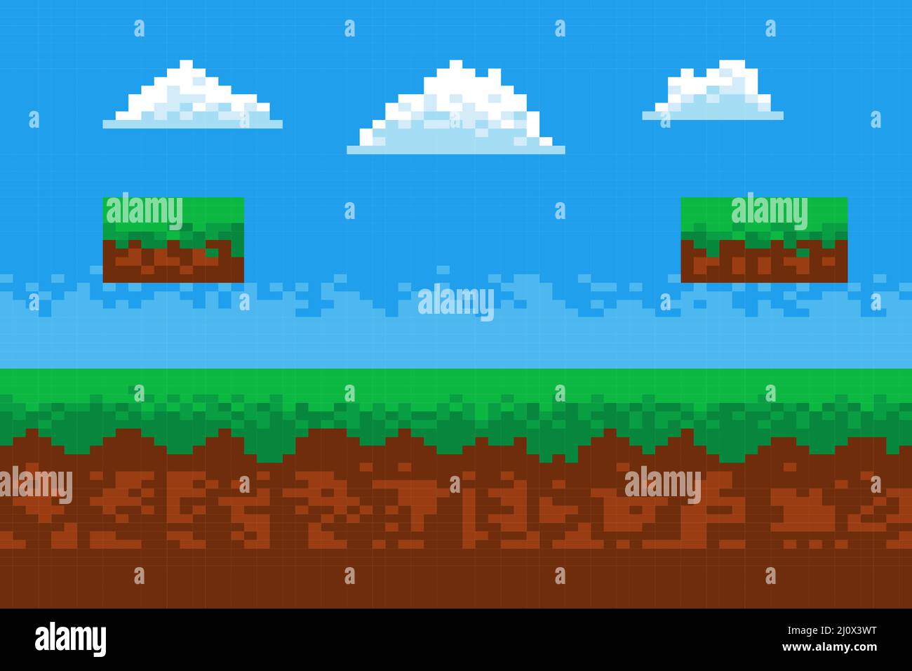 vektor-Illustration Pixel Kunst der Highlands Landschaften Arcade-Spiel Hintergrund Stock Vektor