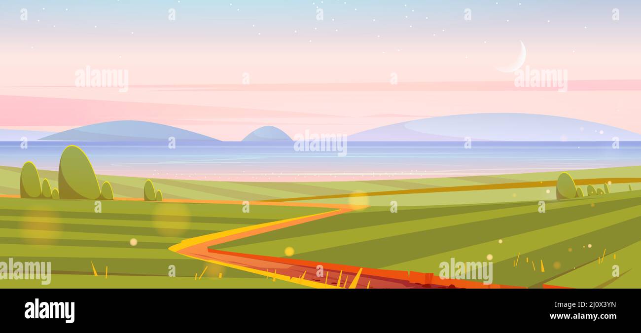 Fluss, grüne Felder und Hügel am Horizont am frühen Morgen. Vektor-Cartoon-Illustration der Sommerlandschaft mit Landschaft, See oder Meerenge, Straße und Mond in Himmel Stock Vektor