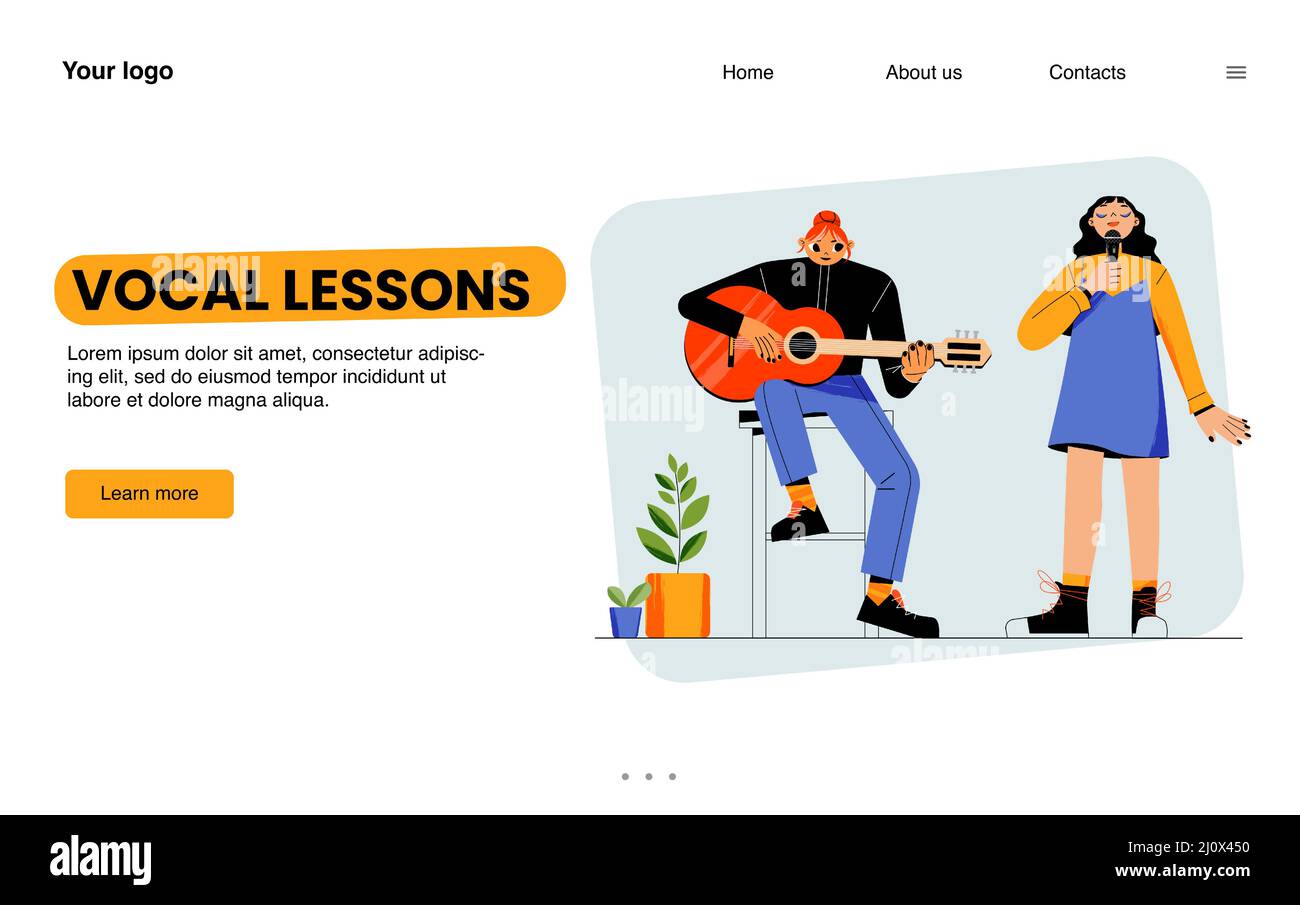 Webbanner für Gesangsunterricht. Landing Page von Musikschulen oder Online-Gesangskursen mit weiblichem Charakter, der mit Mikrofon singt und Lehrer, der Gitarre spielt, Linienkunst, flache Vektordarstellung Stock Vektor