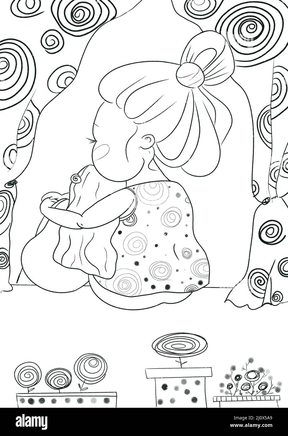 Mutter und Kind umarmen und blicken isoliert auf weißem Hintergrund aus dem Fenster Stockfoto