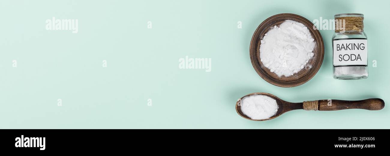Eco Reinigung Backpulver Produkt Draufsicht. Hochwertiges, schönes Fotokonzept Stockfoto