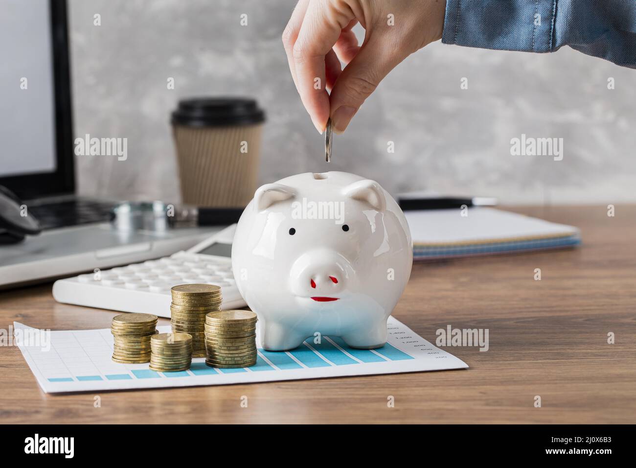 Wachstumskarte für die Hand Putting Coin Piggy Bank. Hochwertiges, schönes Fotokonzept Stockfoto