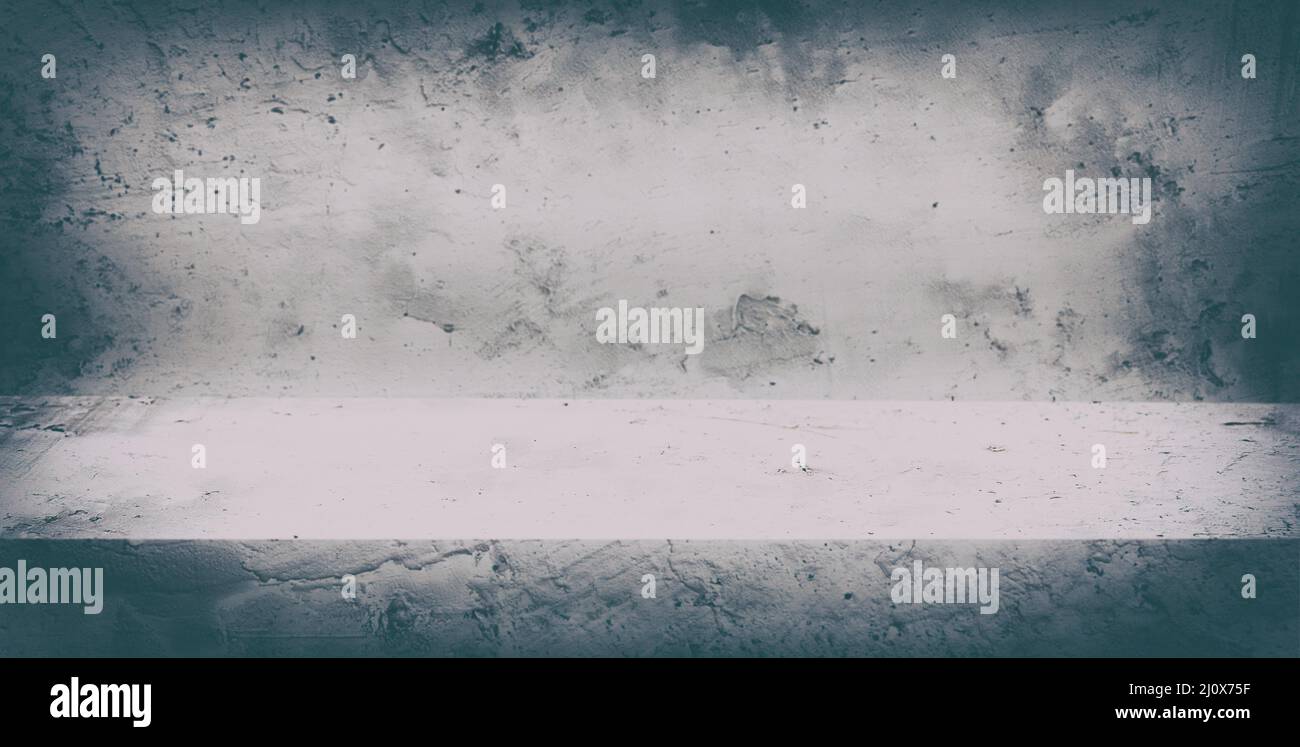 Graue Grunge-Beton-Texturtabellendisplay für Produktdemonstration mit Vignette Stockfoto