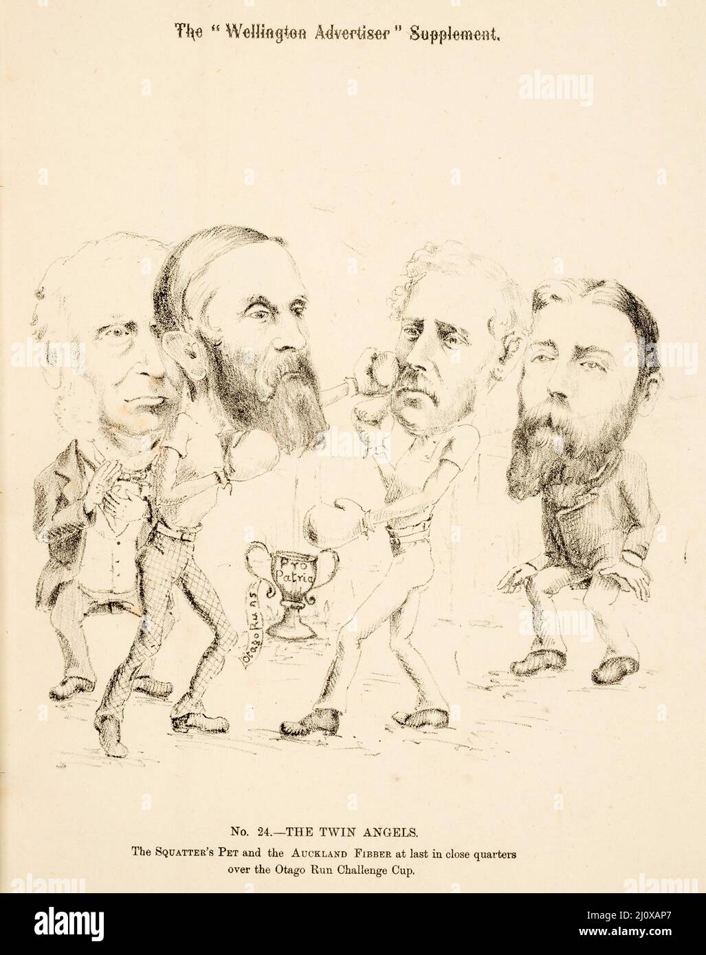 Skizze der politischen Fragen, die für die Parlamentswahlen 1881 in Neuseeland relevant sind, aus einer Karikatur, die in der Wellington Advertiser Supplement veröffentlicht wurde Stockfoto