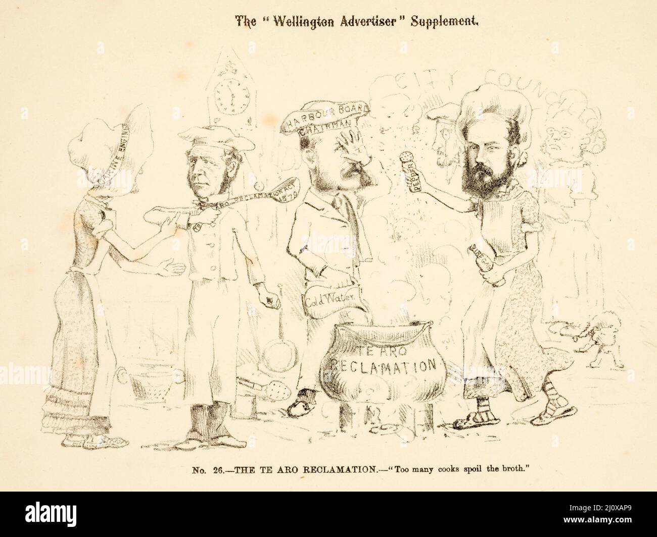 Skizze der politischen Fragen, die für die Parlamentswahlen 1881 in Neuseeland relevant sind, aus einer Karikatur, die in der Wellington Advertiser Supplement veröffentlicht wurde Stockfoto