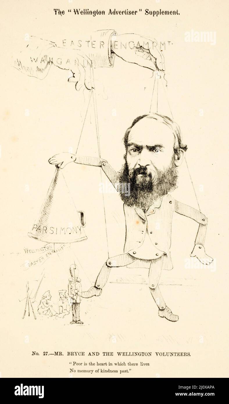 Skizze der politischen Fragen, die für die Parlamentswahlen 1881 in Neuseeland relevant sind, aus einer Karikatur, die in der Wellington Advertiser Supplement veröffentlicht wurde Stockfoto