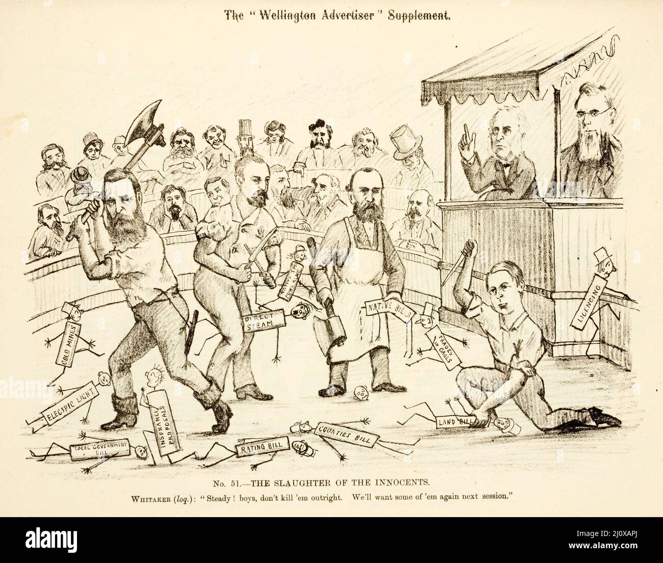 Skizze der politischen Fragen, die für die Parlamentswahlen 1881 in Neuseeland relevant sind, aus einer Karikatur, die in der Wellington Advertiser Supplement veröffentlicht wurde Stockfoto