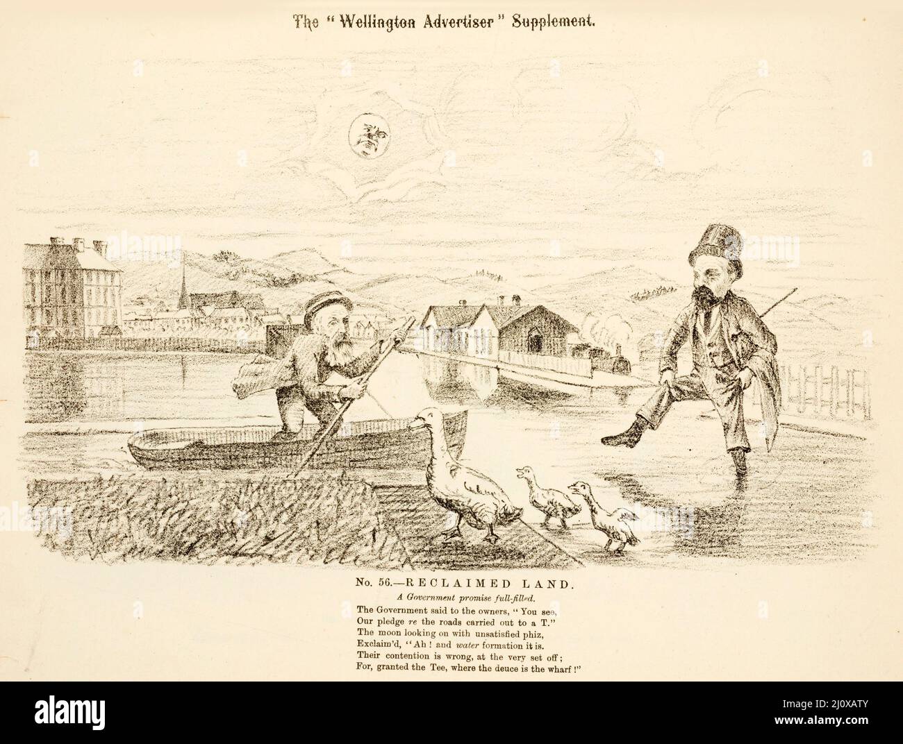 Skizze der politischen Fragen, die für die Parlamentswahlen 1881 in Neuseeland relevant sind, aus einer Karikatur, die in der Wellington Advertiser Supplement veröffentlicht wurde Stockfoto
