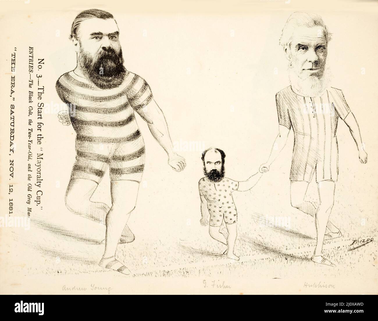 Skizze der politischen Fragen, die für die Parlamentswahlen 1881 in Neuseeland relevant sind, aus einer Karikatur, die in der Wellington Advertiser Supplement veröffentlicht wurde Stockfoto