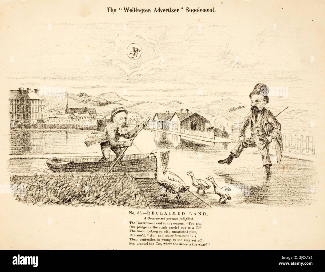 Skizze der politischen Fragen, die für die Parlamentswahlen 1881 in Neuseeland relevant sind, aus einer Karikatur, die in der Wellington Advertiser Supplement veröffentlicht wurde Stockfoto