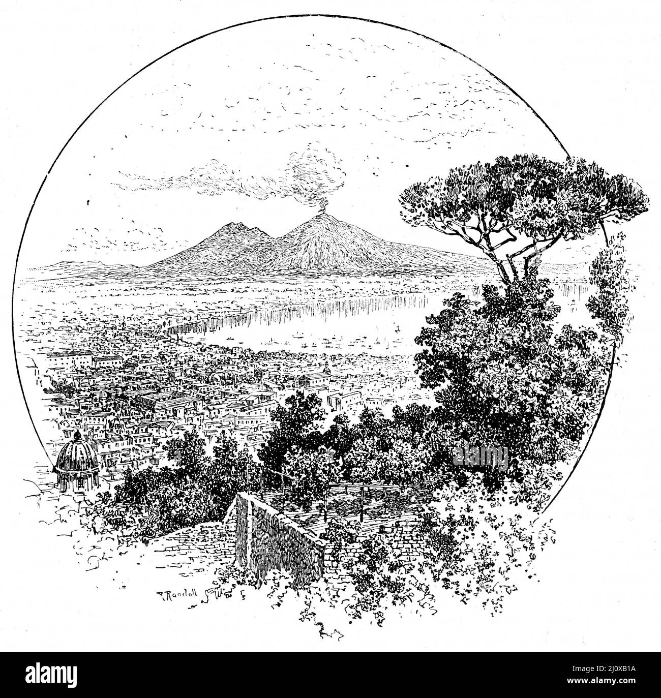Gravur des Vesuv, der Ende 1800s Rauch abließ Stockfoto