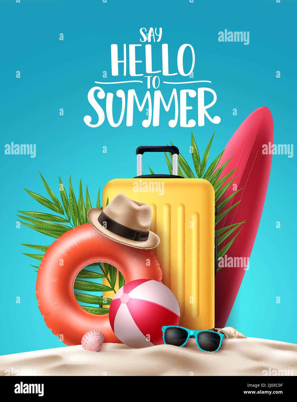 Sommer Vektor Poster Hintergrund Design. Hallo Sommer Grußtext mit Strandelementen wie Gepäck, Schwimmer und Surfbrett für Reisen im Freien Stock Vektor