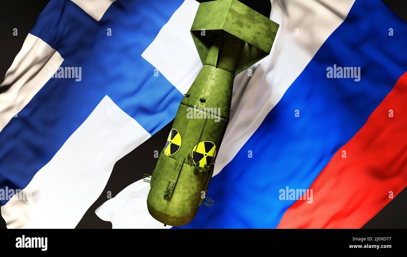Finnland und Russland Atomkrieg, Konflikt und Krise. Nationale Flaggen und eine Atombombe mit radioaktivem Logo, um eine nukleare Bedrohung und möglich zu symbolisieren Stockfoto