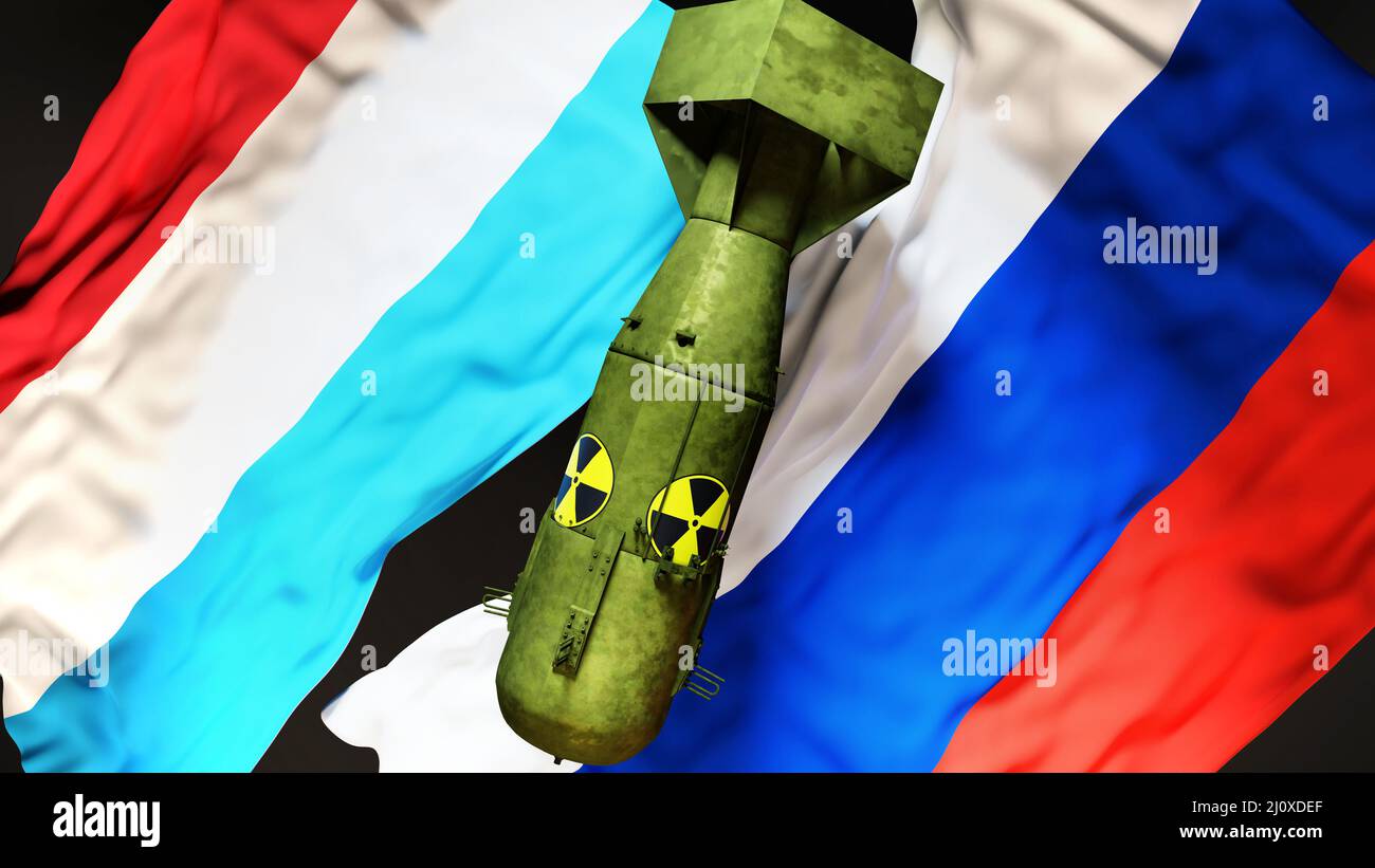 Atomkrieg, Konflikt und Krise in Luxemburg und Russland. Nationalflaggen und eine Atombombe mit radioaktivem Logo, die eine nukleare Bedrohung und eine mögliche Bedrohung symbolisiert Stockfoto