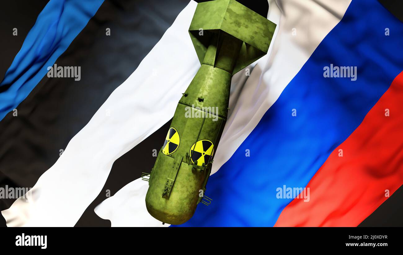 Atomkrieg, Konflikt und Krise in Estland und Russland. Nationale Flaggen und eine Atombombe mit radioaktivem Logo, um eine nukleare Bedrohung und möglich zu symbolisieren Stockfoto