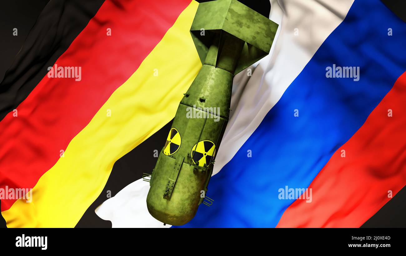Deutschland und Russland Atomkrieg, Konflikt und Krise. Nationale Flaggen und eine Atombombe mit radioaktivem Logo, um eine nukleare Bedrohung und möglich zu symbolisieren Stockfoto