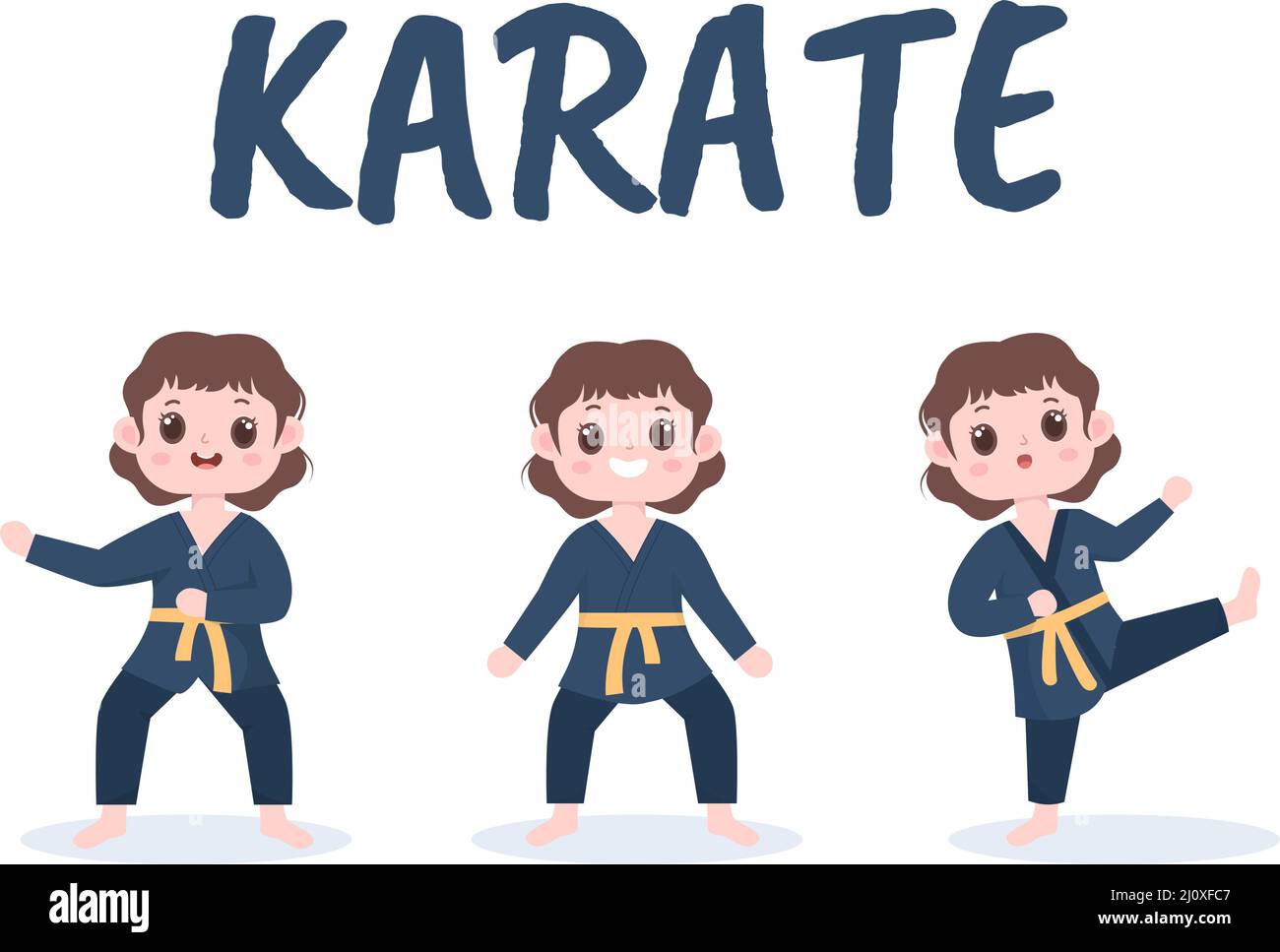 Cute Cartoon Kids tun einige Basic Karate Martial Arts bewegt, kämpfen Pose und tragen Kimono in Flat Style Hintergrund Vektor Illustration Stock Vektor