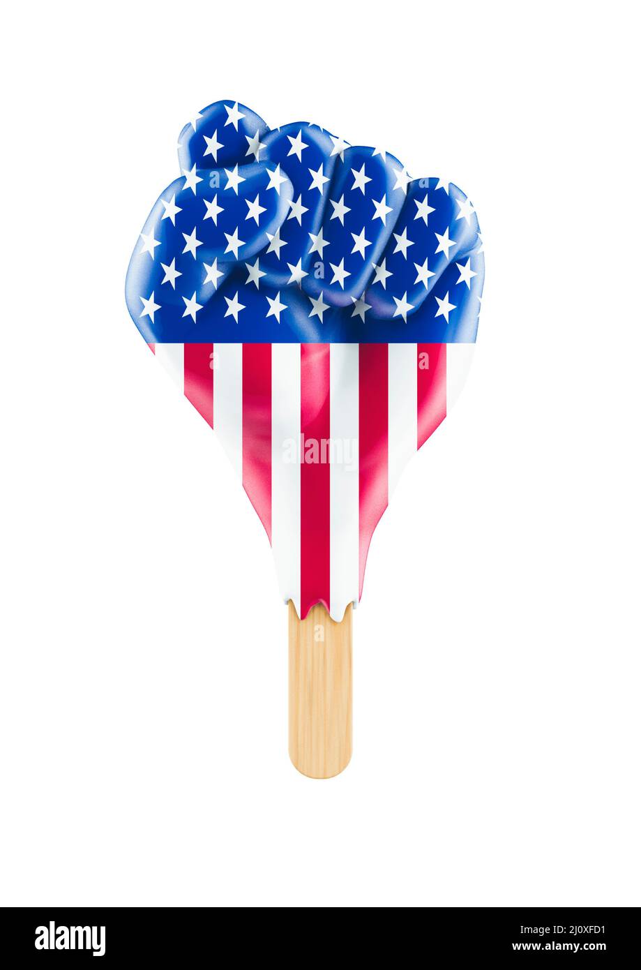Protest Popsicle USA - 3D Illustration eines erhabenen, faustförmigen Eiscreme mit isolierter amerikanischer Flagge auf weißem Hintergrund Stockfoto