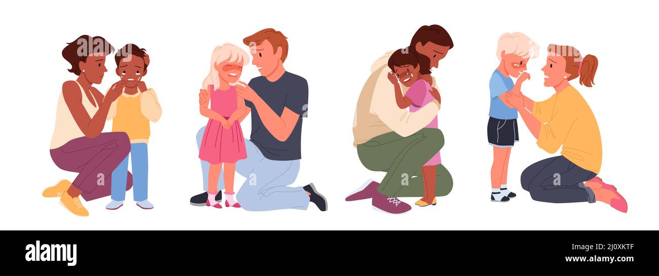 Elternschaft Pflege und Kinderprobleme, Kind Unterstützung Moment und emotionale beruhigende Hilfe Cartoon Vektor Illustration. Gruppe von besorgten Eltern Stock Vektor