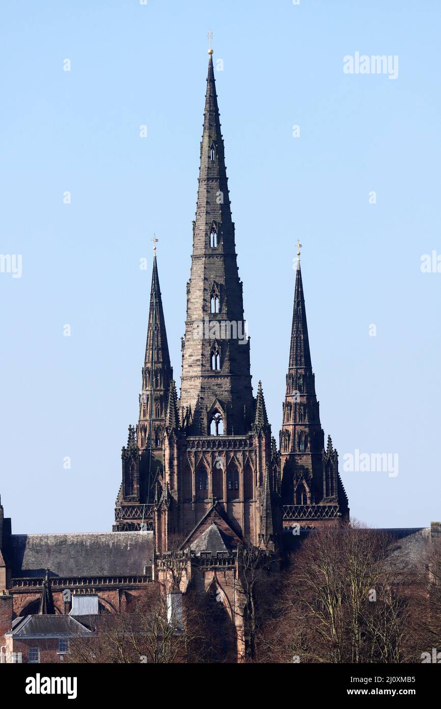 Die Lichfield-Kathedrale von Osten über den Stowe-Pool Stockfoto