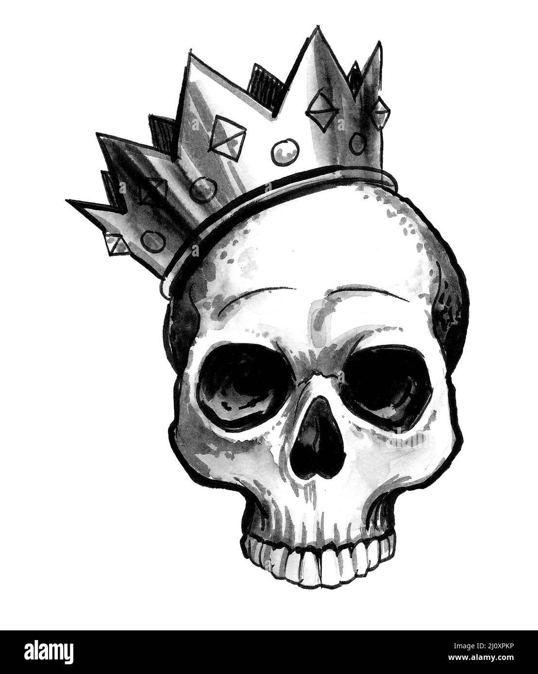 Menschlicher Schädel und Krone. Tinte schwarz-weiß Zeichnung Stockfoto