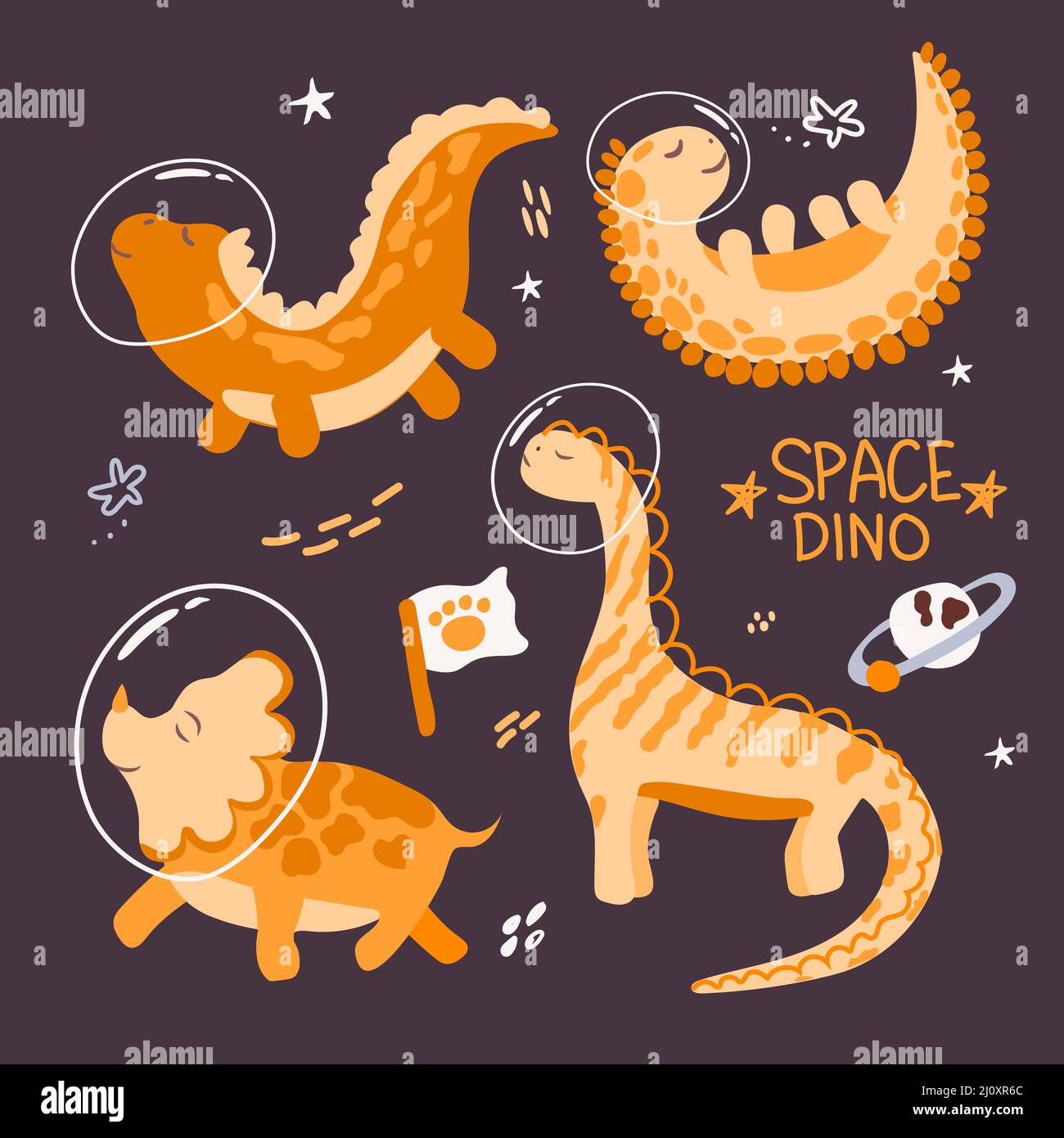 Niedliche, handgezeichnete Dinosaurier-Astronauten im Cartoon-Stil. Dinosaurier im Weltraum mit Planeten, Kometen und Sternen um sie herum. Kann für Grußkarten verwendet werden Stock Vektor