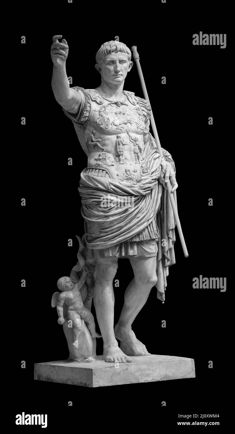 Römische Kaiser Caesar Augustus von Prima Porto Statue isoliert auf schwarzem Hintergrund mit Schneideweg Stockfoto