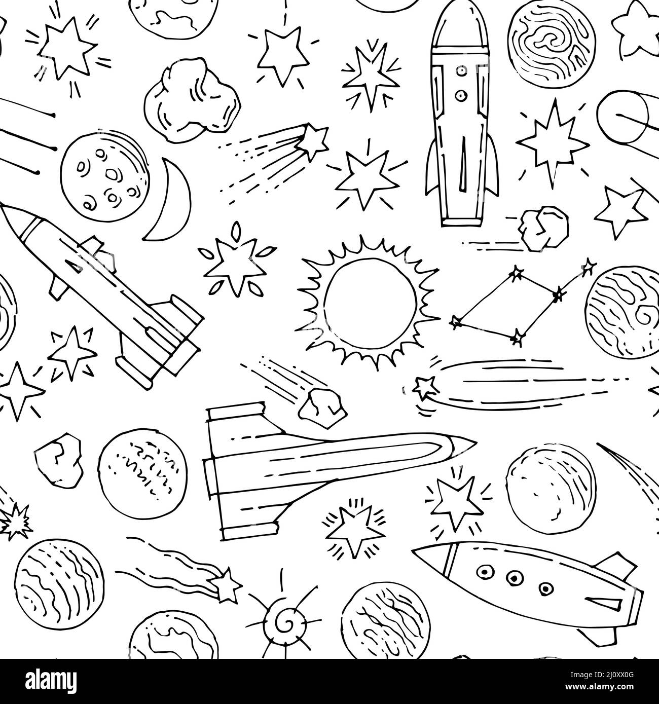 Leerraum im Hintergrund. Nahtloses Muster. Planeten und Sterne. Schönes Weltraumobjekt. Einfache Doodle-Zeichnung im kindischen Stil. Skizze umreißen. Handzeichnung Stock Vektor