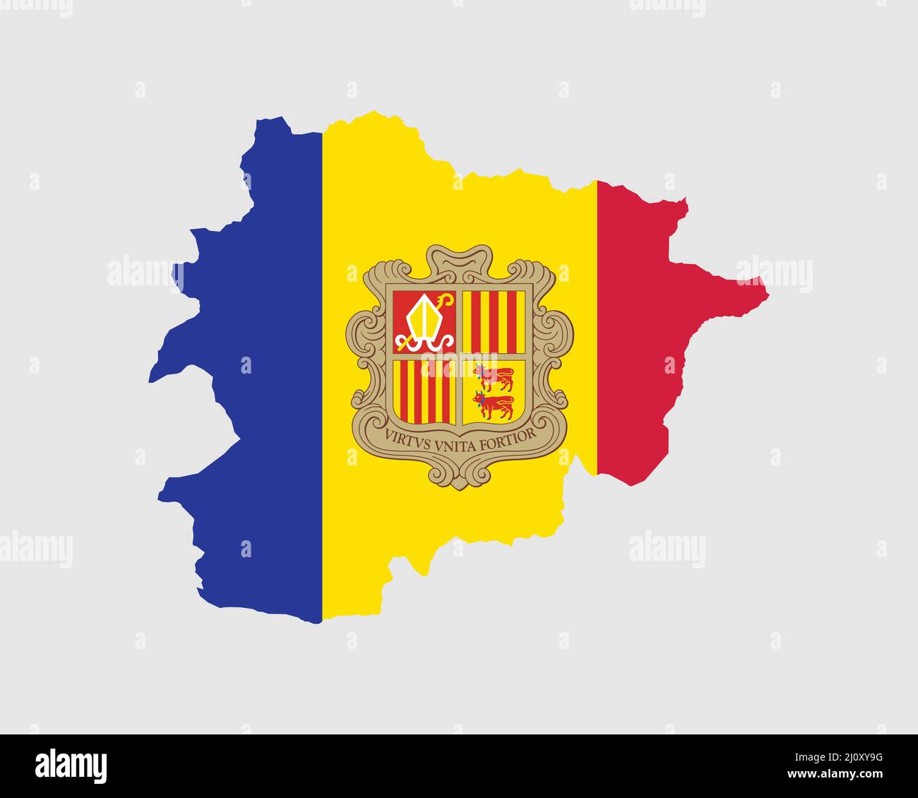 Andorra Karte Flagge. Karte von Andorra mit der Nationalflagge von Andorra isoliert auf weißem Hintergrund. Vektorgrafik. Stock Vektor