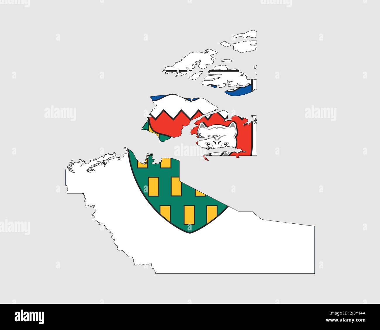 Nordwest-Territorien Karte Flagge. Karte von NT, Kanada mit Flagge. Kanadisches Bundesgebiet. Vektorgrafik Banner. Stock Vektor