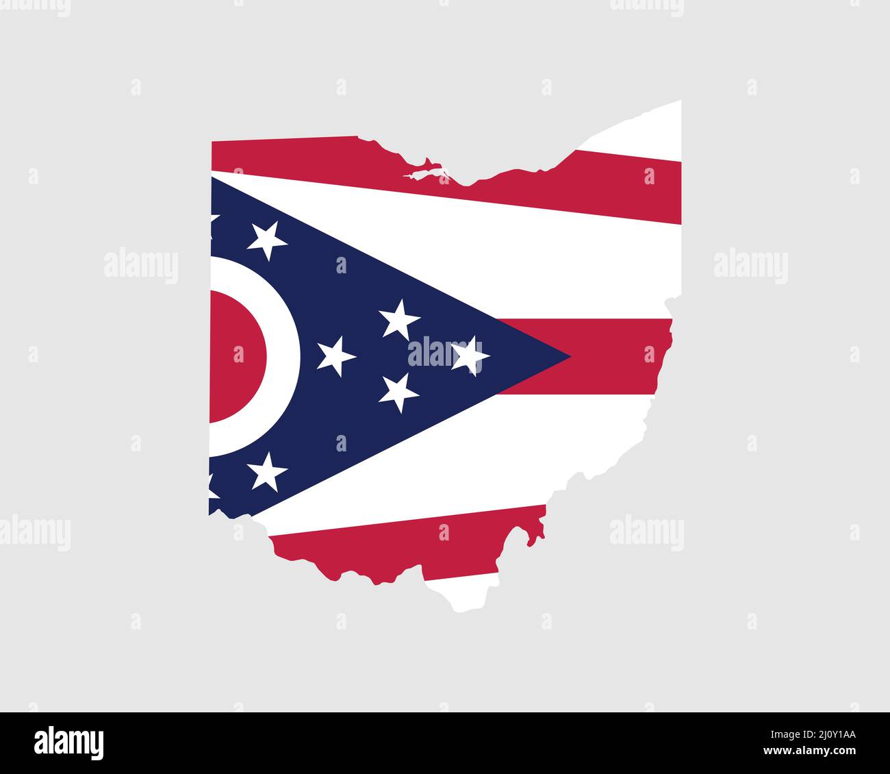 Ohio Karte Flagge. Karte von OH; USA mit der Staatsflagge. USA; Amerika; amerikanisch; Vereinigte Staaten von Amerika; US State Banner. Vektorgrafik. Stock Vektor