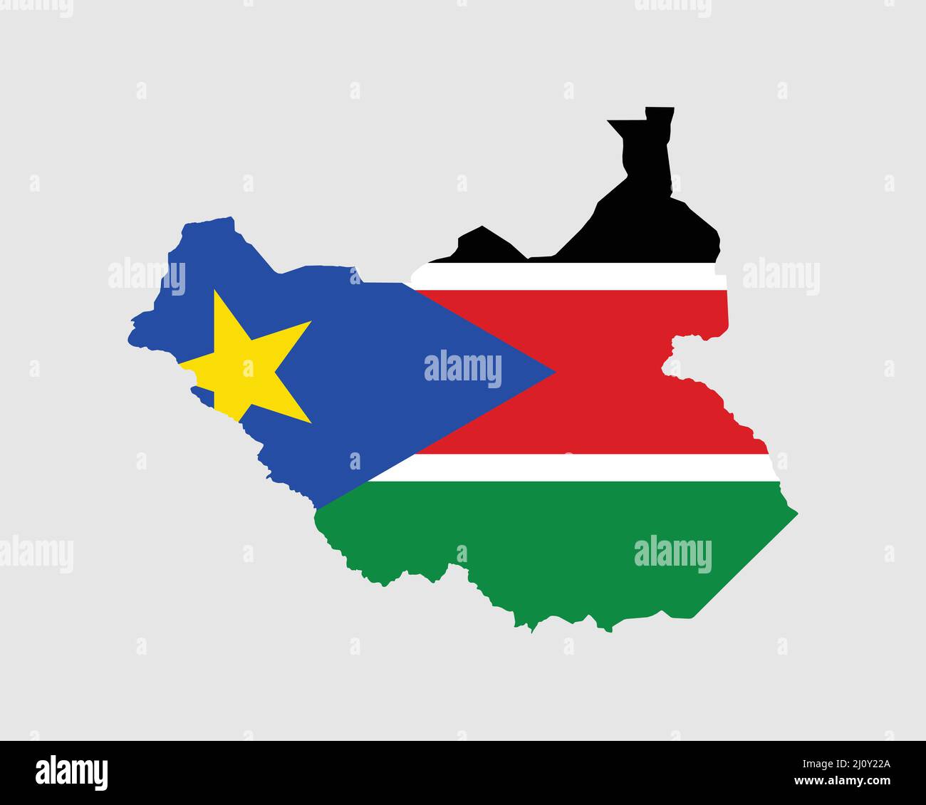 Südsudan Flagge Karte. Karte der Republik Südsudan mit dem südsudanesischen Länderbanner. Vektorgrafik. Stock Vektor