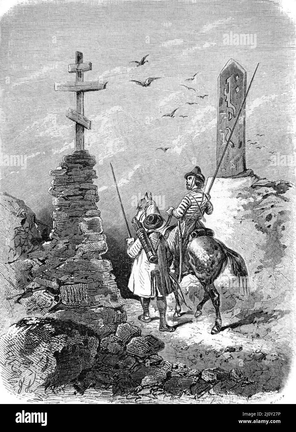 Grenzposten oder Grenzposten zwischen den Jakuten oder der jakutischen Region (jetzt Republik Sakha, Russland) und China. Vintage Illustration oder Gravur 1860. Stockfoto