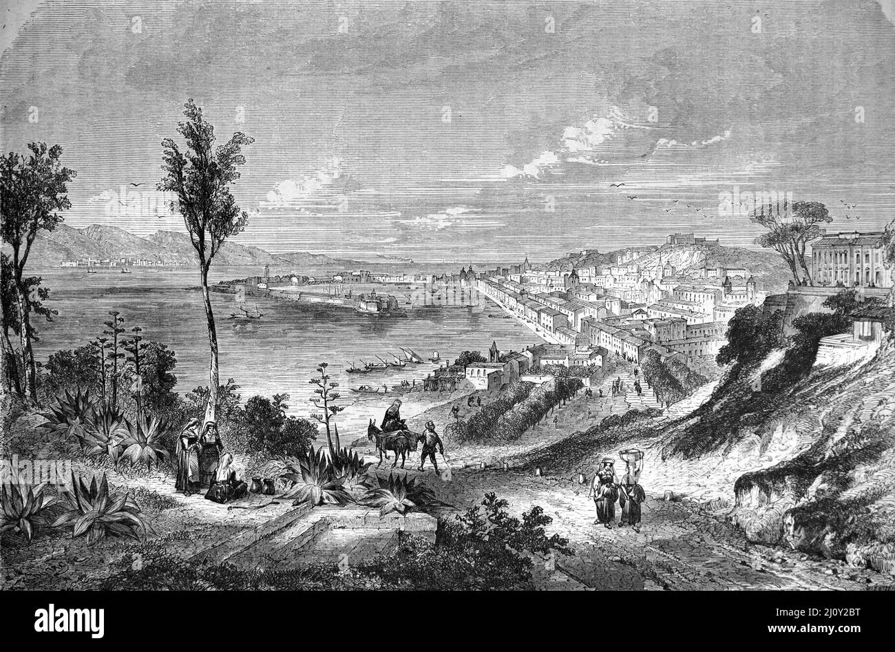 Frühe Ansicht oder historische Ansicht von Messina Sizilien Italien. Vintage Illustration oder Gravur 1860. Stockfoto