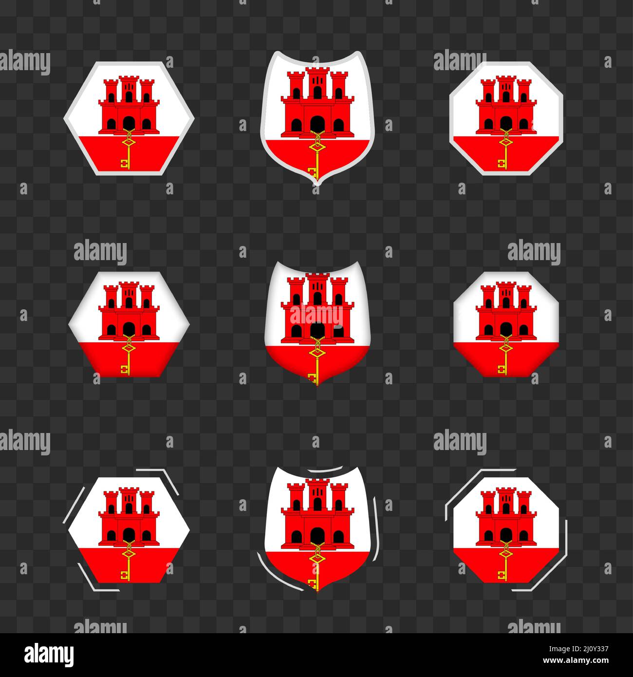 Nationale Symbole von Gibraltar auf einem dunklen transparenten Hintergrund, Vektorflaggen von Gibraltar. Vektorgrafik. Stock Vektor