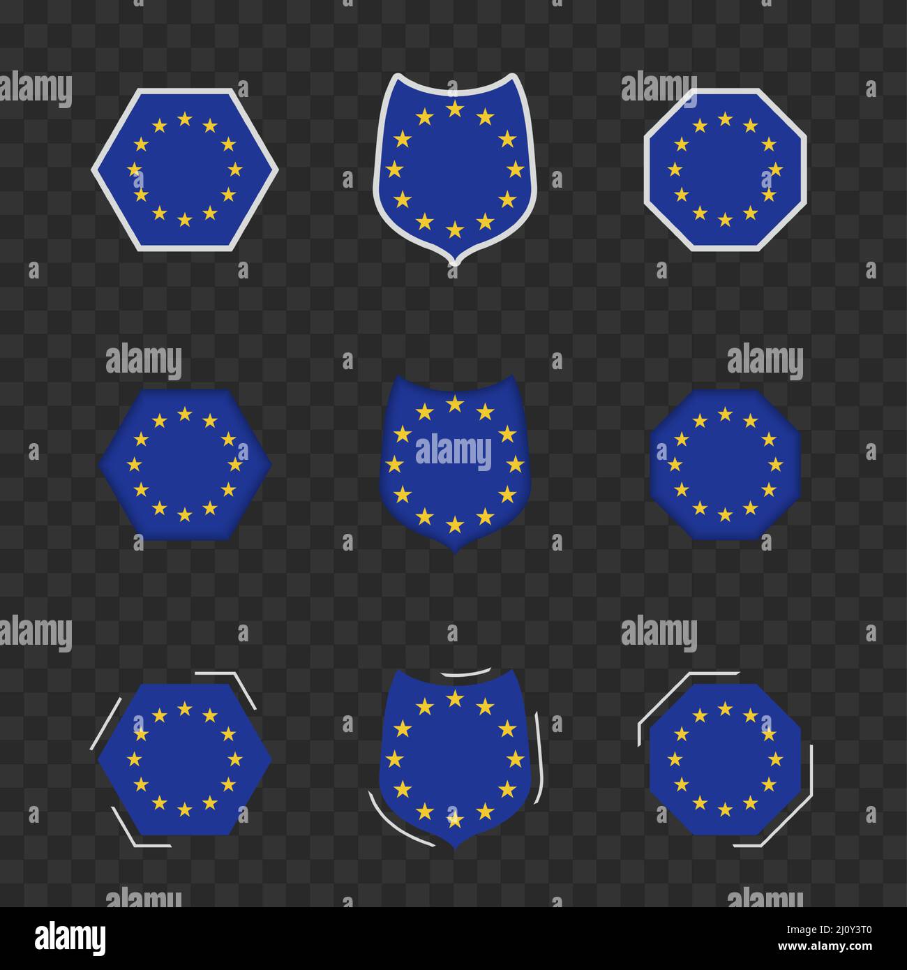 Nationale Symbole der Europäischen Union auf einem dunklen transparenten Hintergrund, Vektorflaggen der Europäischen Union. Vektorgrafik. Stock Vektor