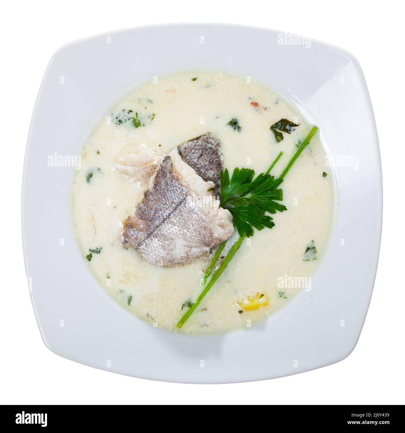 Draufsicht auf die schottische Suppe Cullen Skink Stockfoto
