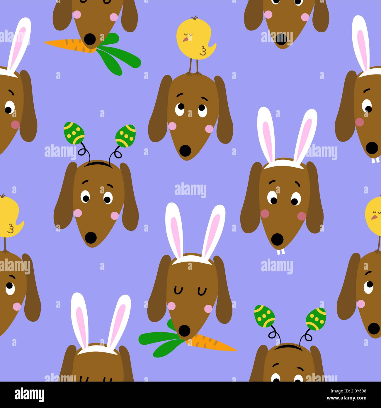 Dackel Ostereierjagd Party - Lustige Cartoon weiner Hunde und Eier. Niedlicher Kaktus, Charaktere. Handgezeichnetes Doodle-Set für Kinder. Für Textilien, Kinderzimmer, Stock Vektor