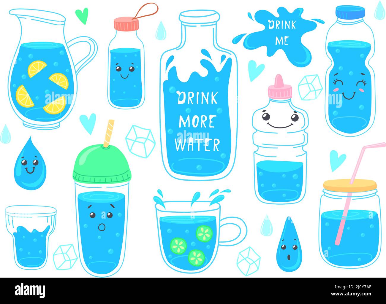 Trinken Sie mehr Wasser. Cute Waters Welt der Getränke Erde für die Gesundheit, Glasdekanter, Eisliter Getränke, lustige Aufkleber Poster, Fitness-Diät, doodle Cartoon ordentlich Vektor Illustration. Behälter H2O Flasche Stock Vektor