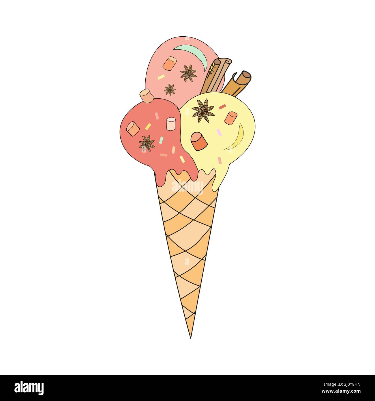 Eiskegel mit Zimt und Marschmarmelin. Vektorgrafik im Doodle-Stil. Stock Vektor