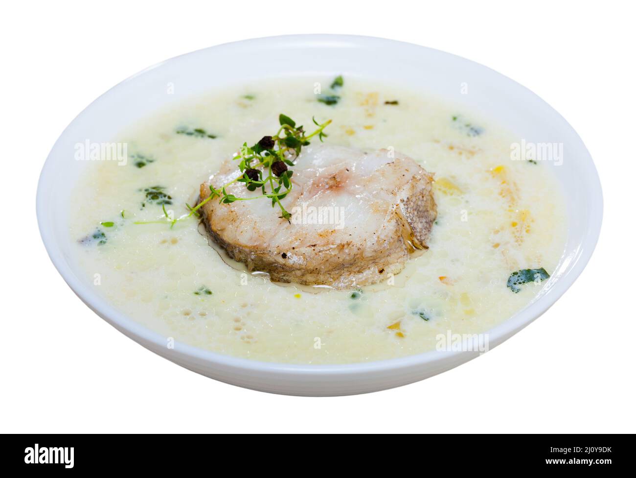Schottische Suppe mit geräuchertem Schellfisch Stockfoto