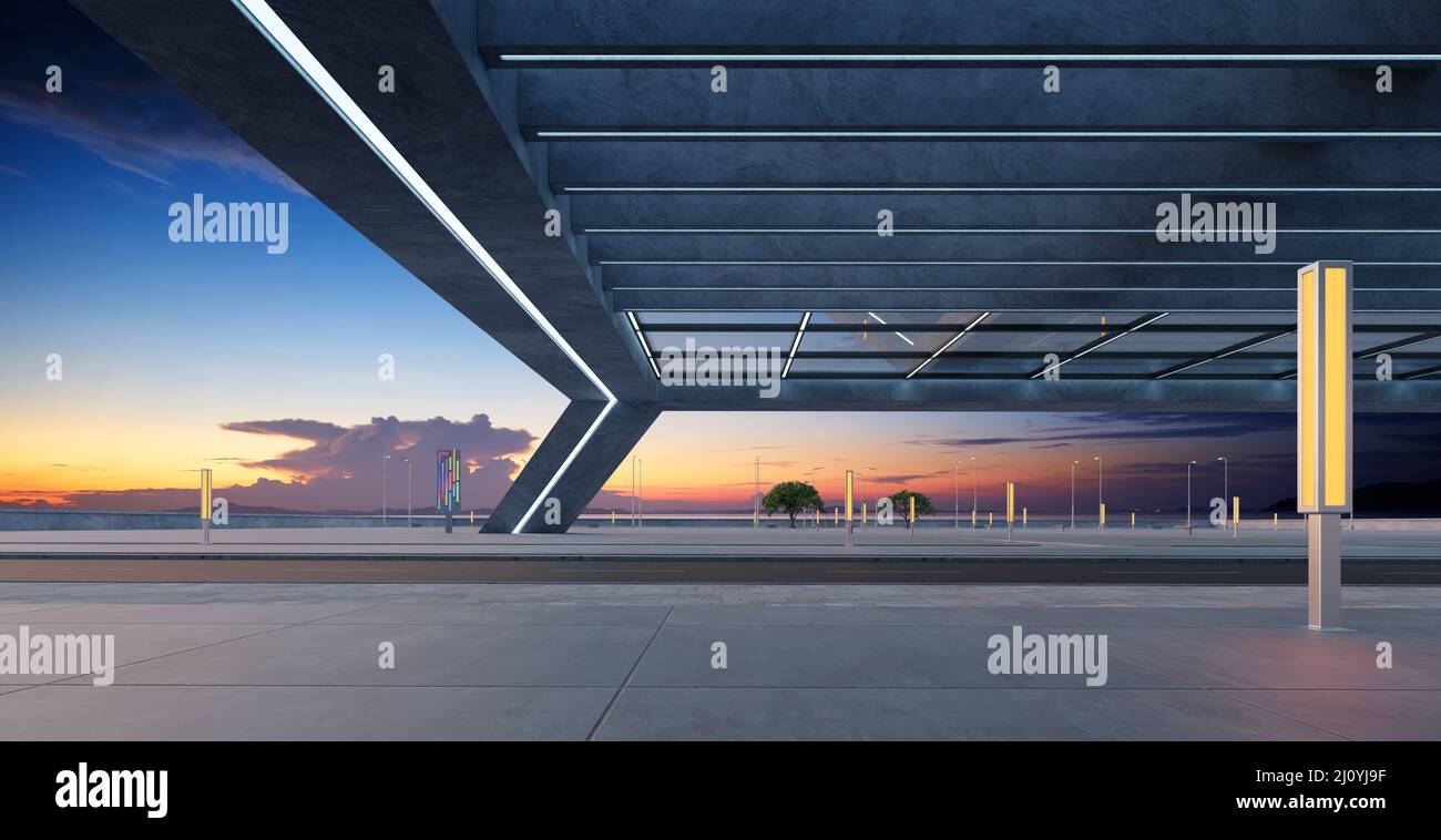 Leeren Sie die Asphaltstraße unter der Brücke Stockfoto